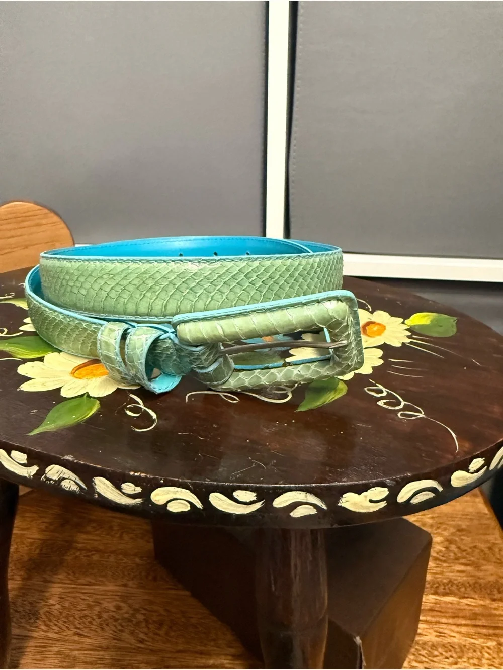 The Ritz Vintage Genuine Snakeskin Green Leather Belt with Turquoise Lining Lg